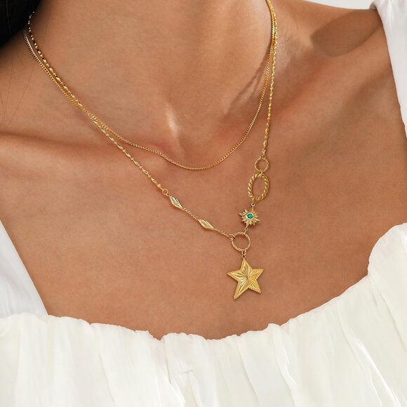 Women's Dainty Gold Trendy Layered Choker Starfish Starfish Turquoise Necklace - Picture 2 of 7